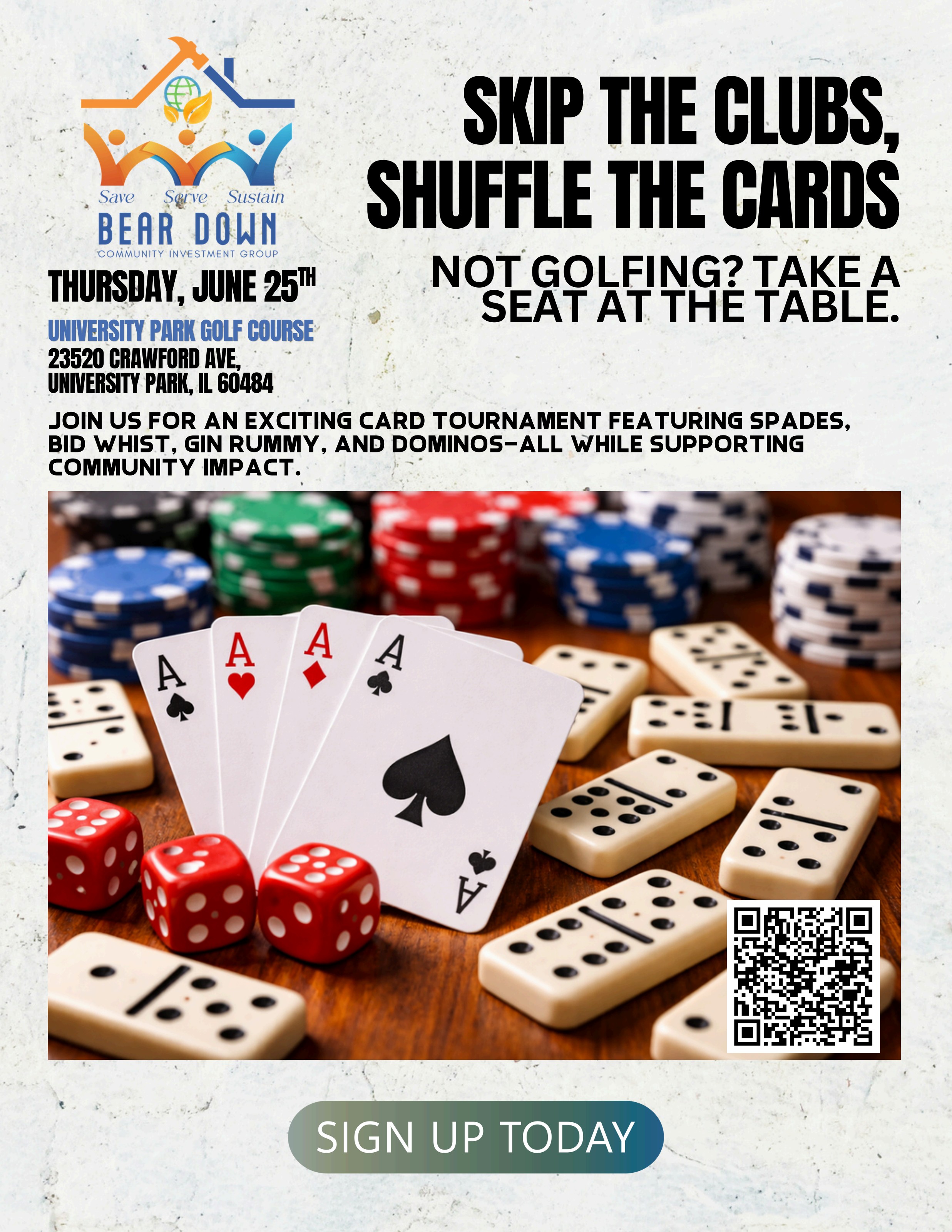 Skip the Clubs, Shuffle the Cards — card tournament flyer