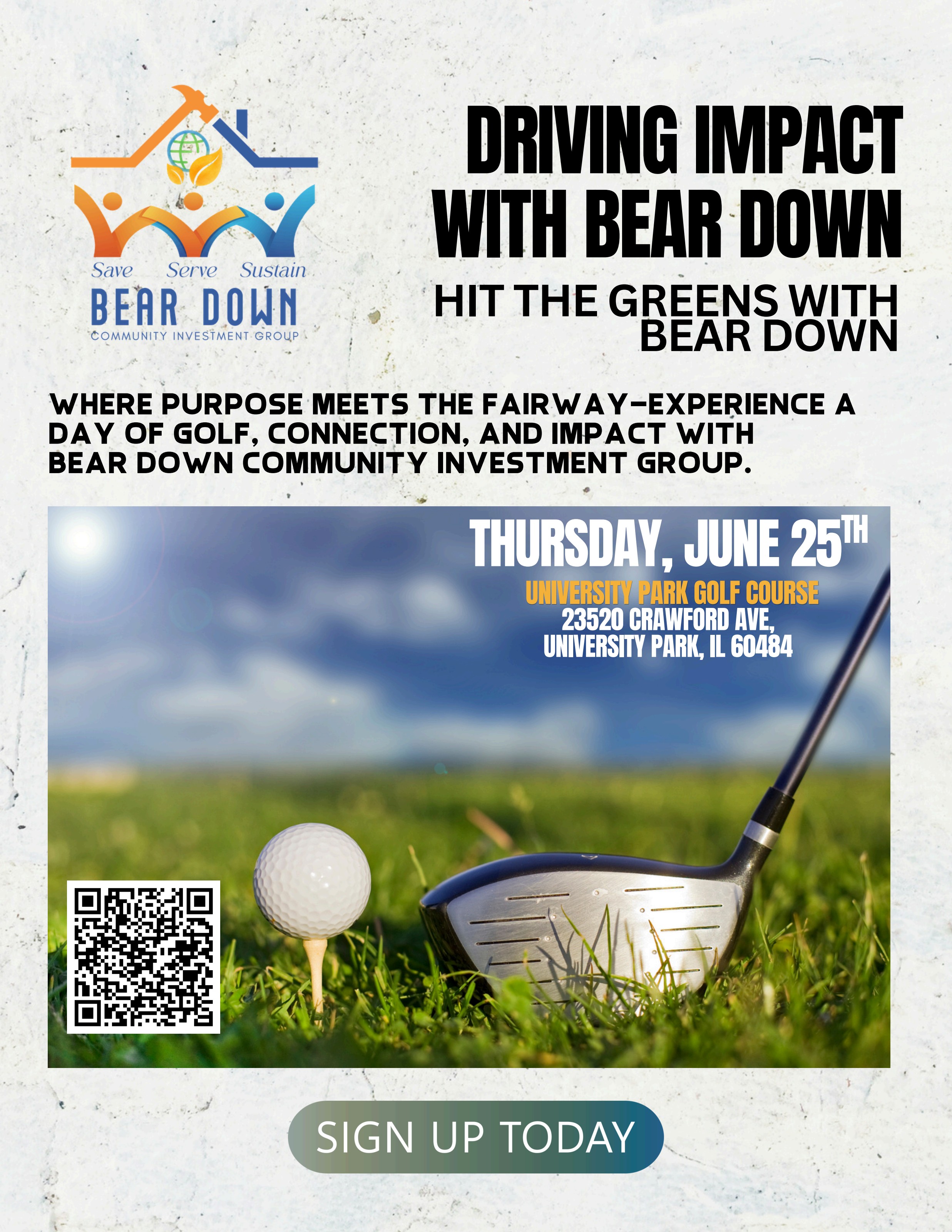 Hit the Greens with Bear Down — golf outing flyer