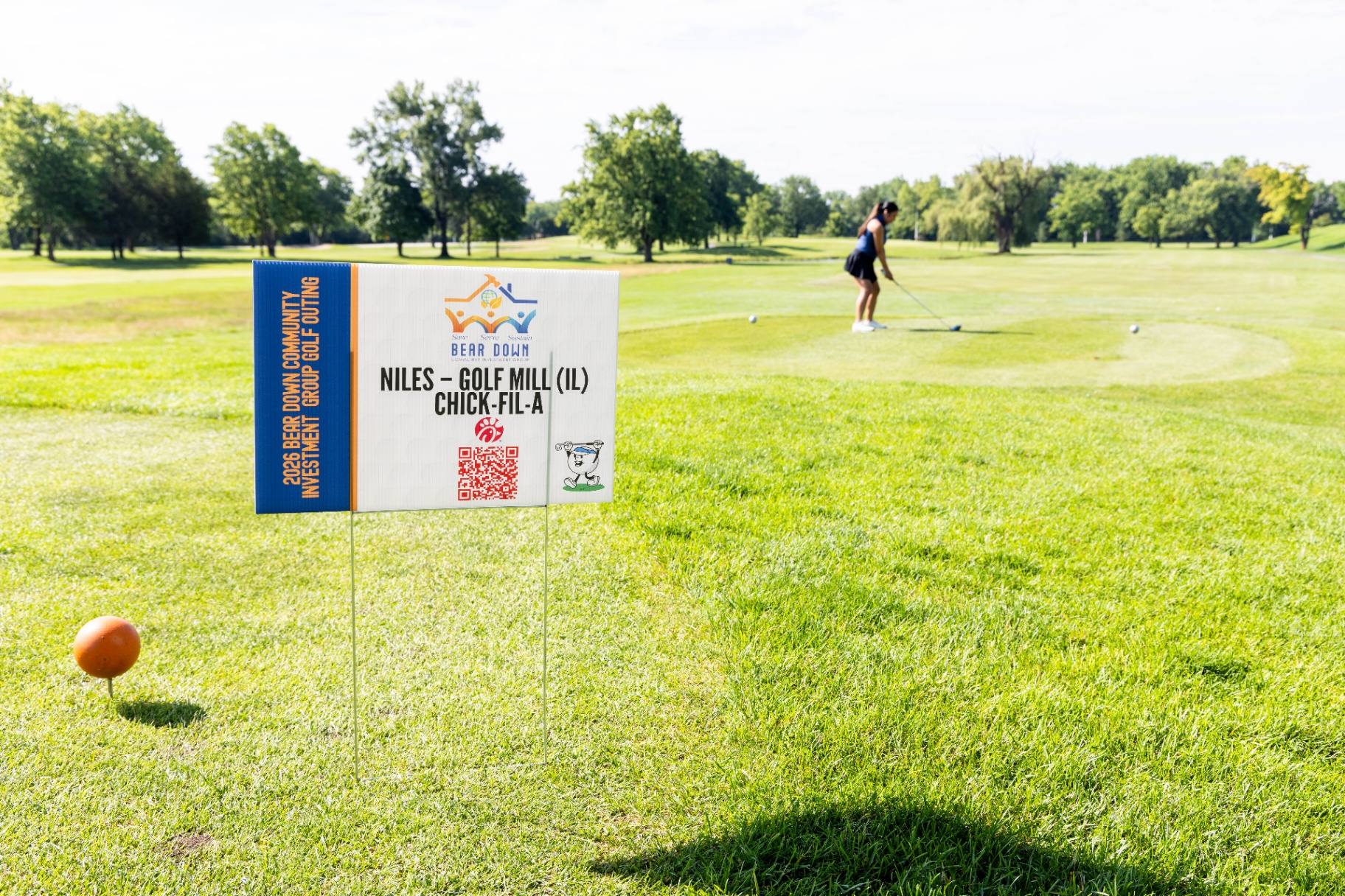 2026 Bear Down Community Investment Group Golf Outing tee sign